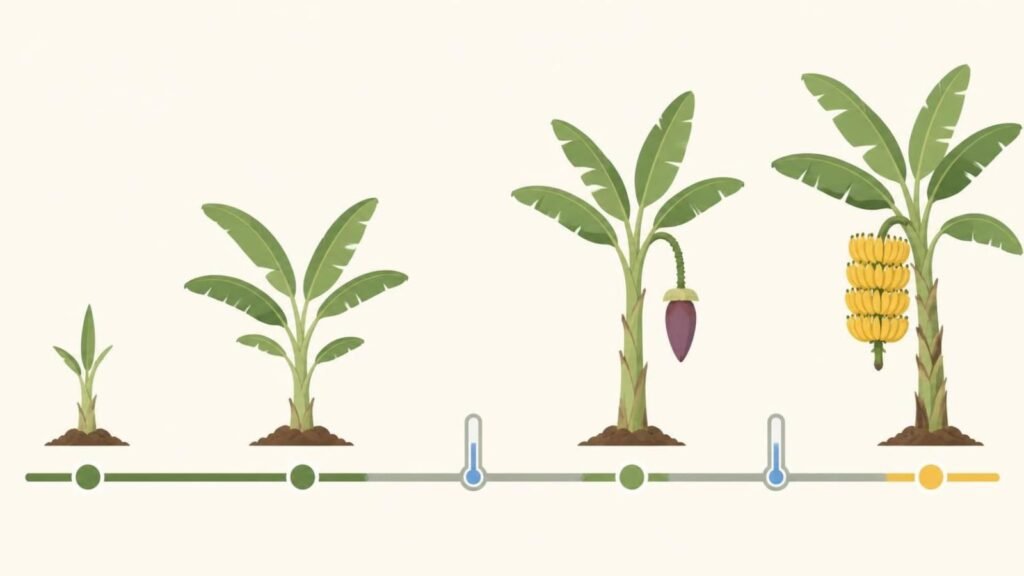 Timeline graphic of a banana plant from planted sucker to flower stalk to ripe bunch, with a cold-weather slowdown marked on the way