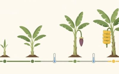 Timeline graphic of a banana plant from planted sucker to flower stalk to ripe bunch, with a cold-weather slowdown marked on the way