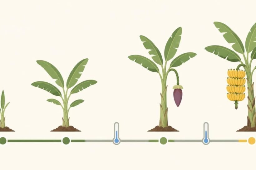Timeline graphic of a banana plant from planted sucker to flower stalk to ripe bunch, with a cold-weather slowdown marked on the way
