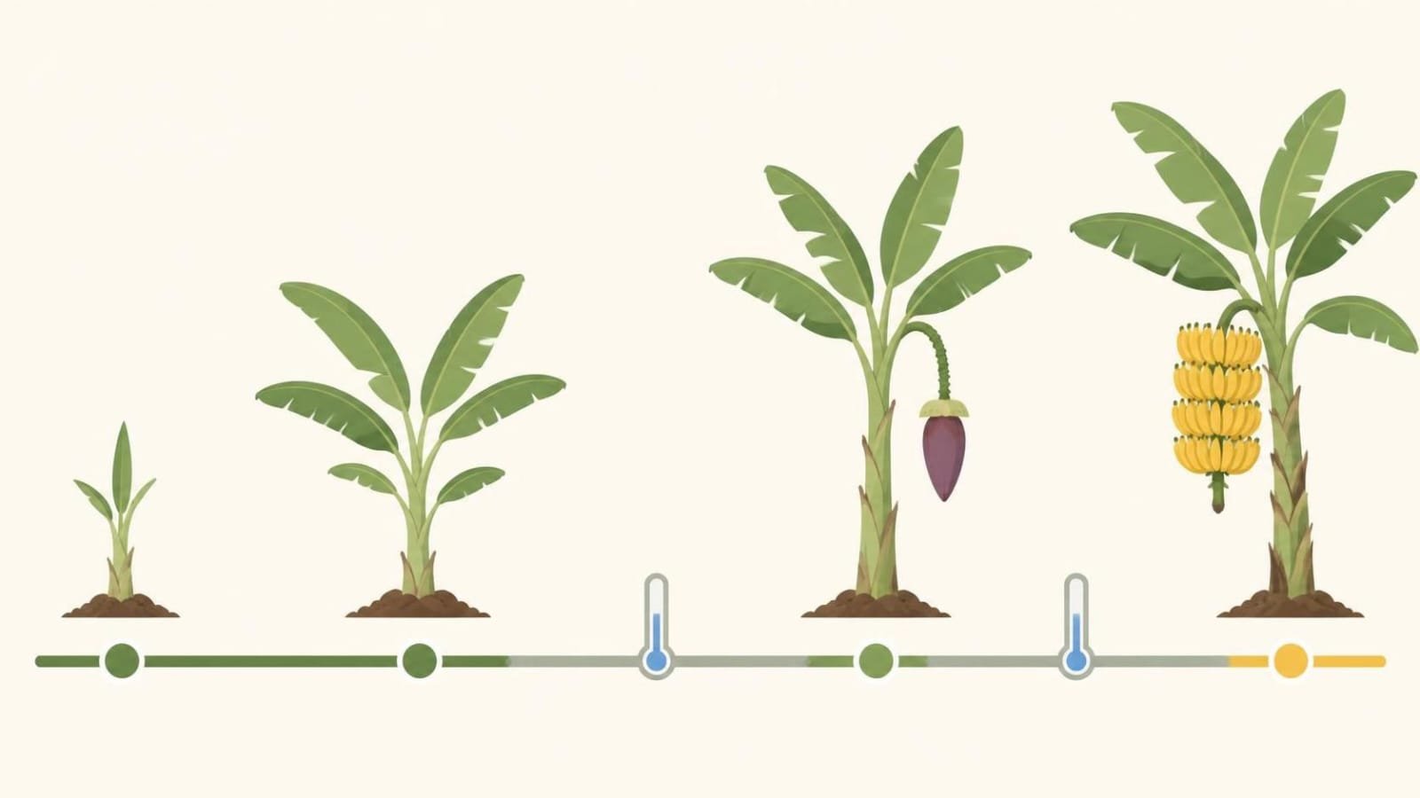 Timeline graphic of a banana plant from planted sucker to flower stalk to ripe bunch, with a cold-weather slowdown marked on the way