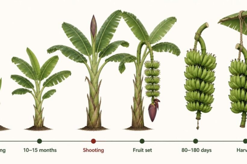 Banana flowering and fruiting timeline showing planting, shooting, fruit set, filling and harvest stages