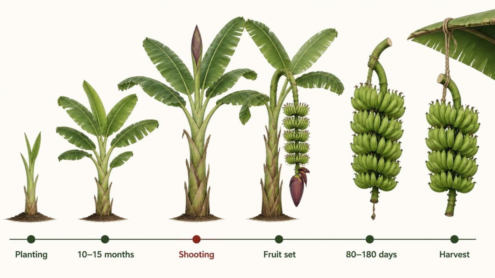 Banana flowering and fruiting timeline showing planting, shooting, fruit set, filling and harvest stages