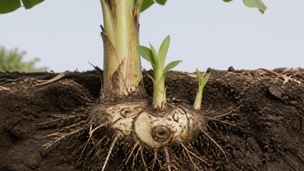 Cutaway of a banana clump showing the underground corm, one fruiting stem, and young suckers rising from its buds