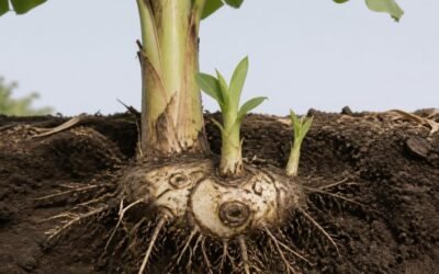 Cutaway of a banana clump showing the underground corm, one fruiting stem, and young suckers rising from its buds