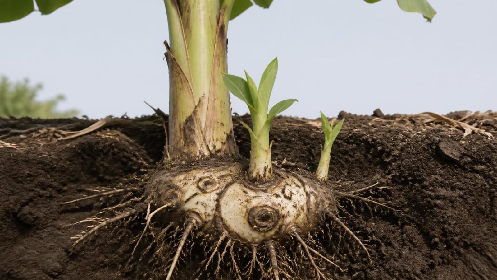 Cutaway of a banana clump showing the underground corm, one fruiting stem, and young suckers rising from its buds