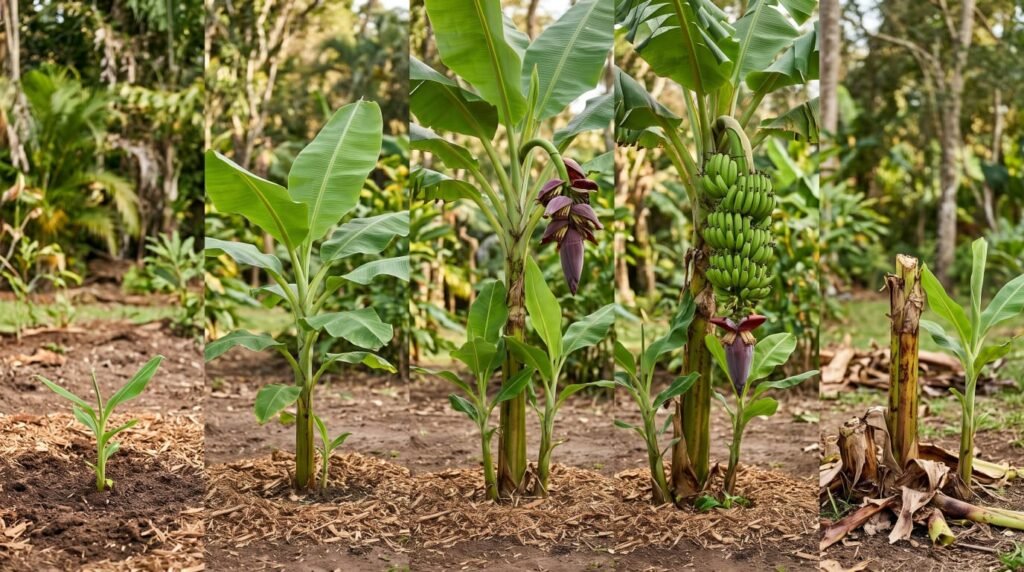 One banana pseudostem shown at five points in its life, from a newly planted sucker to a flowering stalk, a hanging bunch, and a cut-down stem beside its replacement
