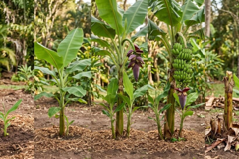 One banana pseudostem shown at five points in its life, from a newly planted sucker to a flowering stalk, a hanging bunch, and a cut-down stem beside its replacement