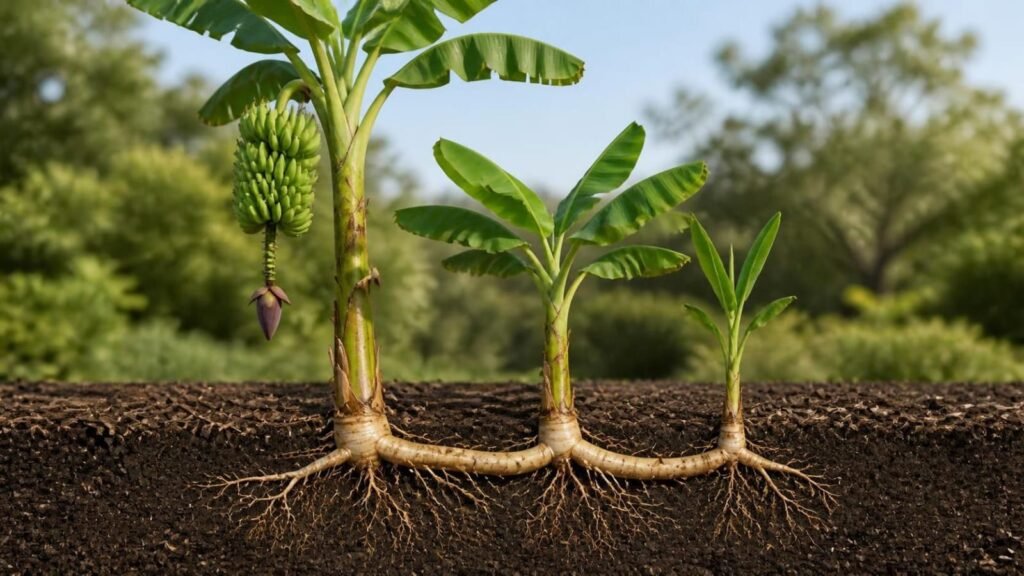 Banana clump showing a tall fruiting pseudostem, a half-grown stem and a small sucker rising from one shared underground rhizome
