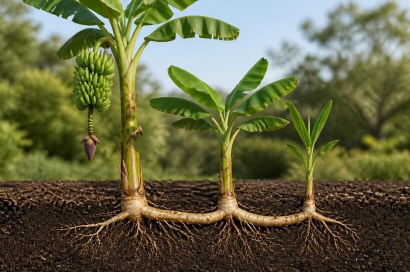 Banana clump showing a tall fruiting pseudostem, a half-grown stem and a small sucker rising from one shared underground rhizome