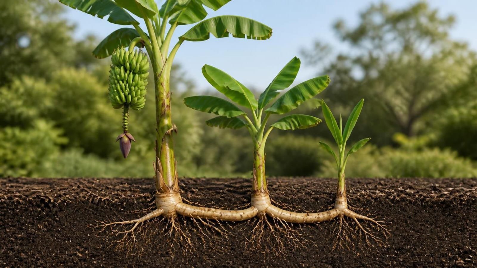 Banana clump showing a tall fruiting pseudostem, a half-grown stem and a small sucker rising from one shared underground rhizome