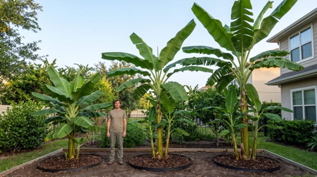 Banana tree height comparison showing a dwarf, a full-size and a very tall banana plant beside an adult for scale