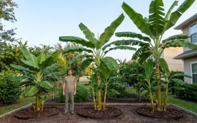 Banana tree height comparison showing a dwarf, a full-size and a very tall banana plant beside an adult for scale