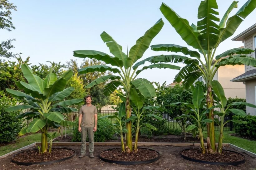 Banana tree height comparison showing a dwarf, a full-size and a very tall banana plant beside an adult for scale