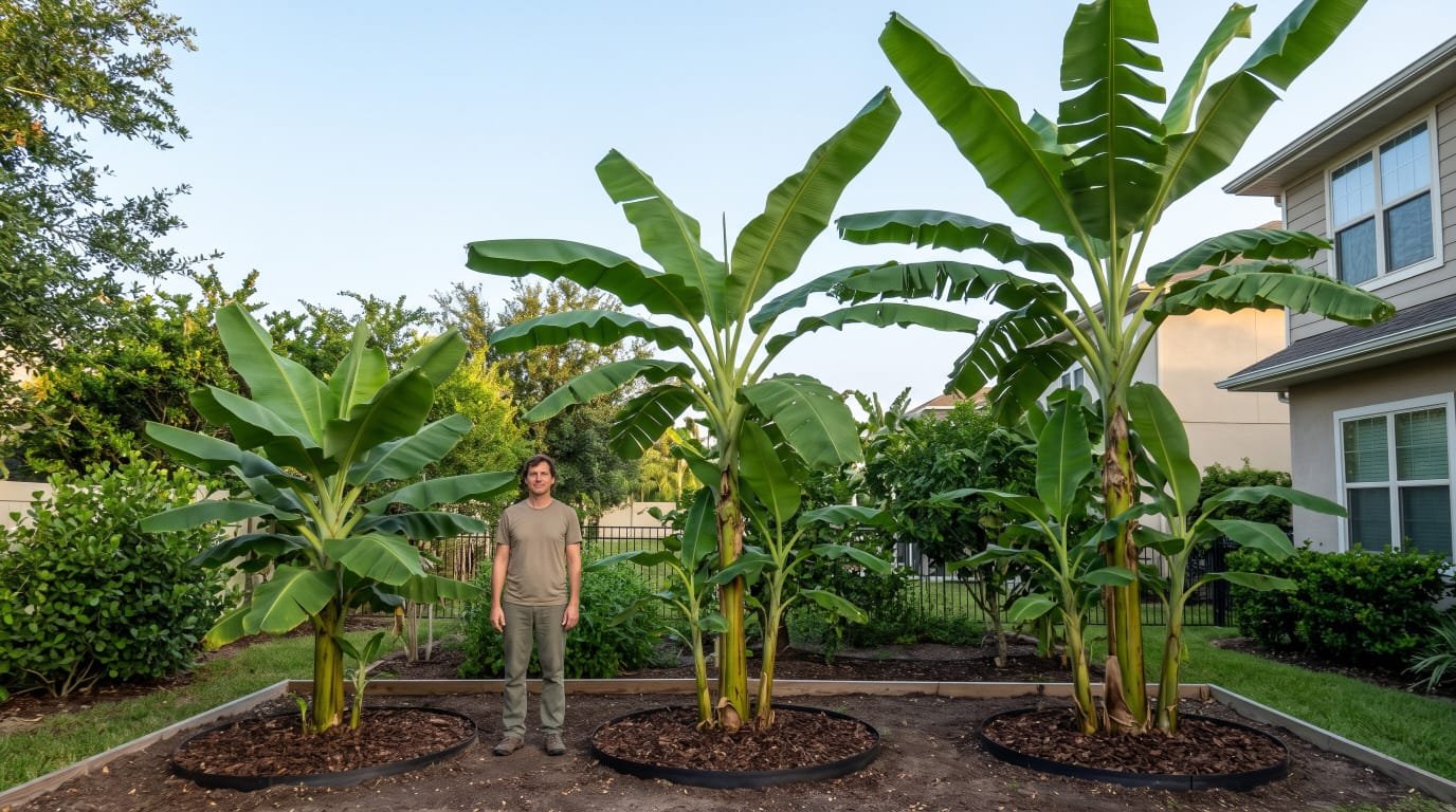 Banana tree height comparison showing a dwarf, a full-size and a very tall banana plant beside an adult for scale