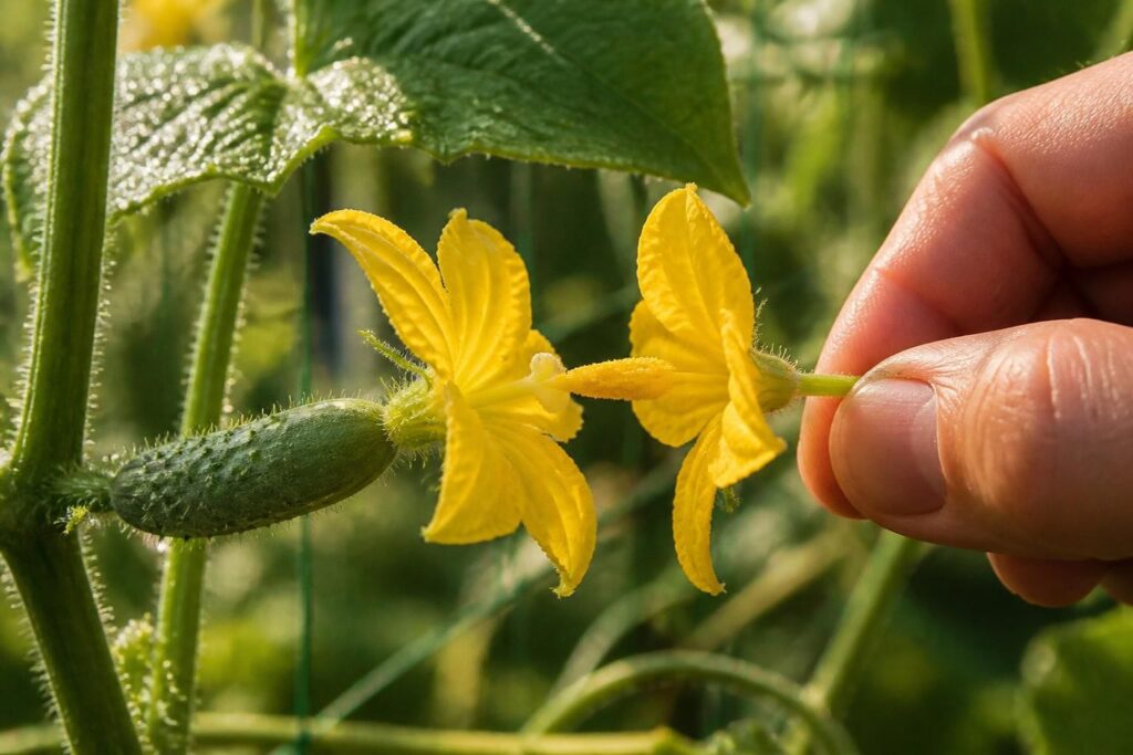 Hand holding a male cucumber flower with petals peeled back, touching its pollen to an open female flower with a tiny cucumber behind it