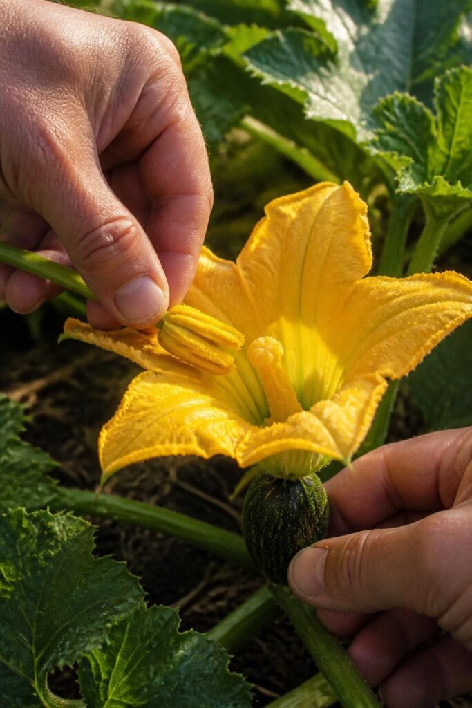 Gardener rolling pollen from a petal-stripped male zucchini flower onto the center of an open female flower in early morning light