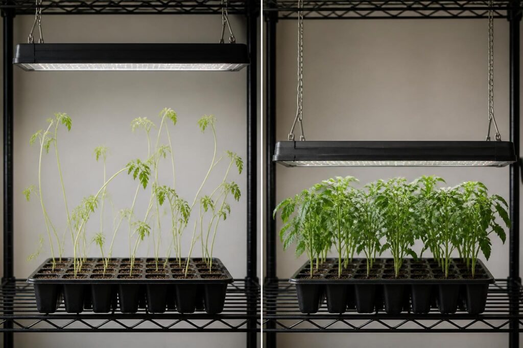 Seedling tray with an LED shop light hung too high above the plants beside a tray with the light just a few inches above the leaf tops