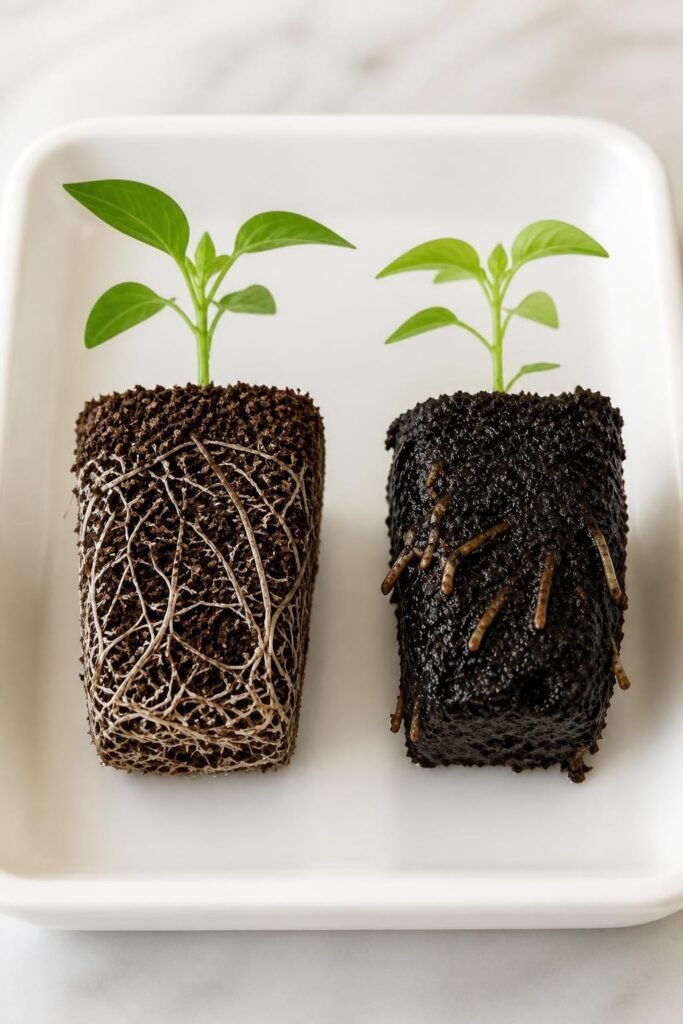 Two seedling root plugs side by side, one with white branching roots and one with short brown stunted roots