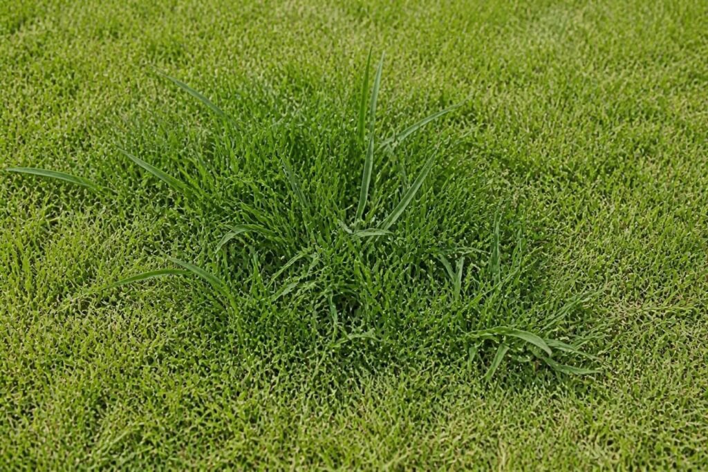 Wide, coarse tall fescue blades forming a dark clump beside finer, lighter Kentucky bluegrass in a lawn