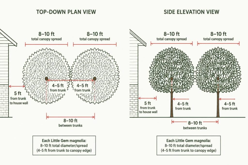 Top-down and side view of a planting plan showing the canopy spread from the trunk and the spacing between two trees