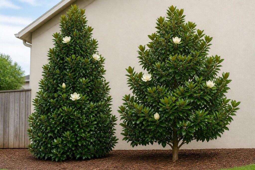 Two compact evergreen magnolia trees compared side by side, one a dense narrow pyramid and the other a slightly looser, wider oval