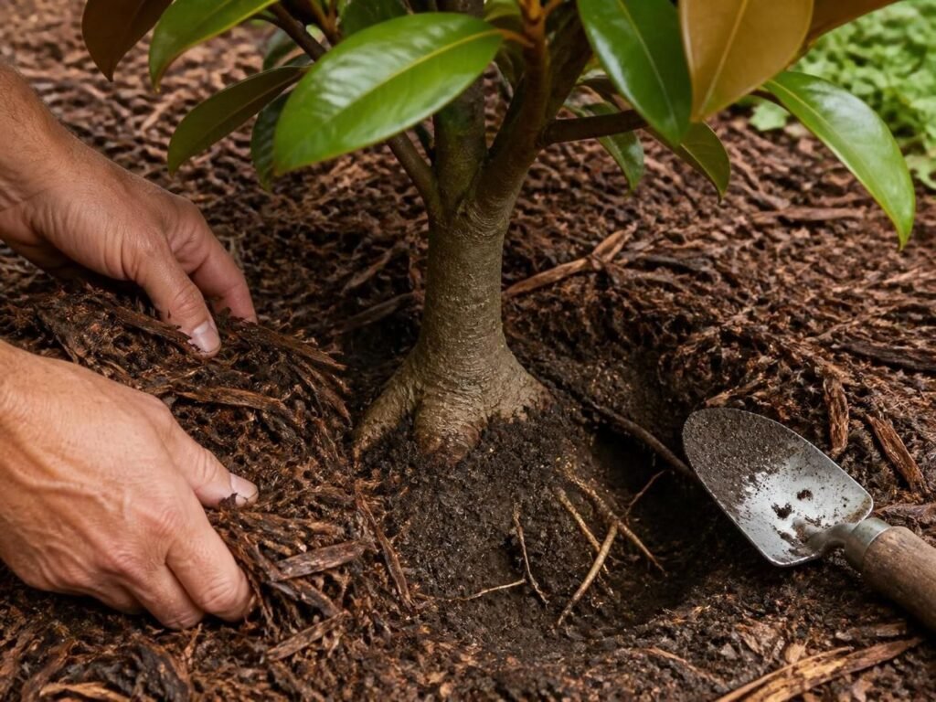 Gardener's hands pulling mulch back from a young Little Gem magnolia trunk to check the root flare and roots