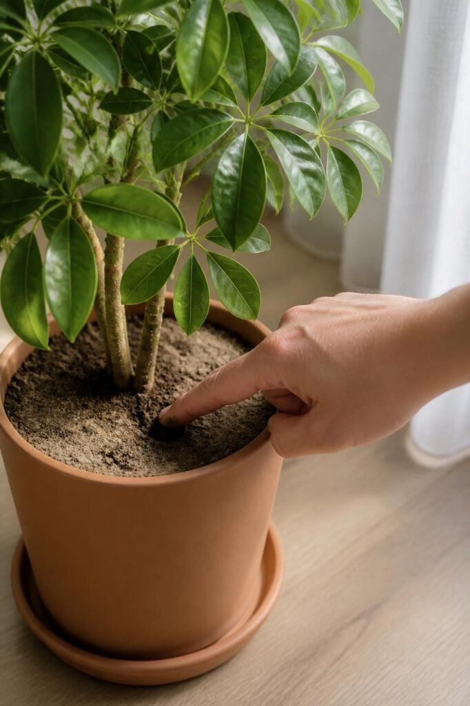 A finger pressed one inch into the potting soil of a dwarf umbrella tree to check dryness before watering