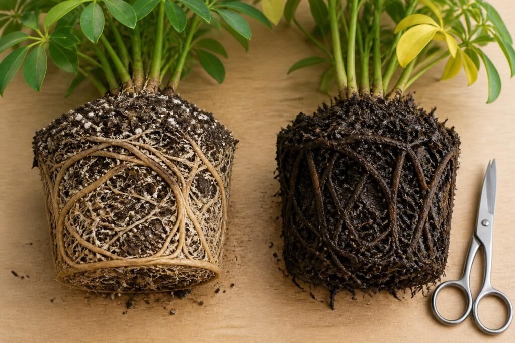 Schefflera root ball with firm pale roots on one side and dark mushy rotted roots on the other