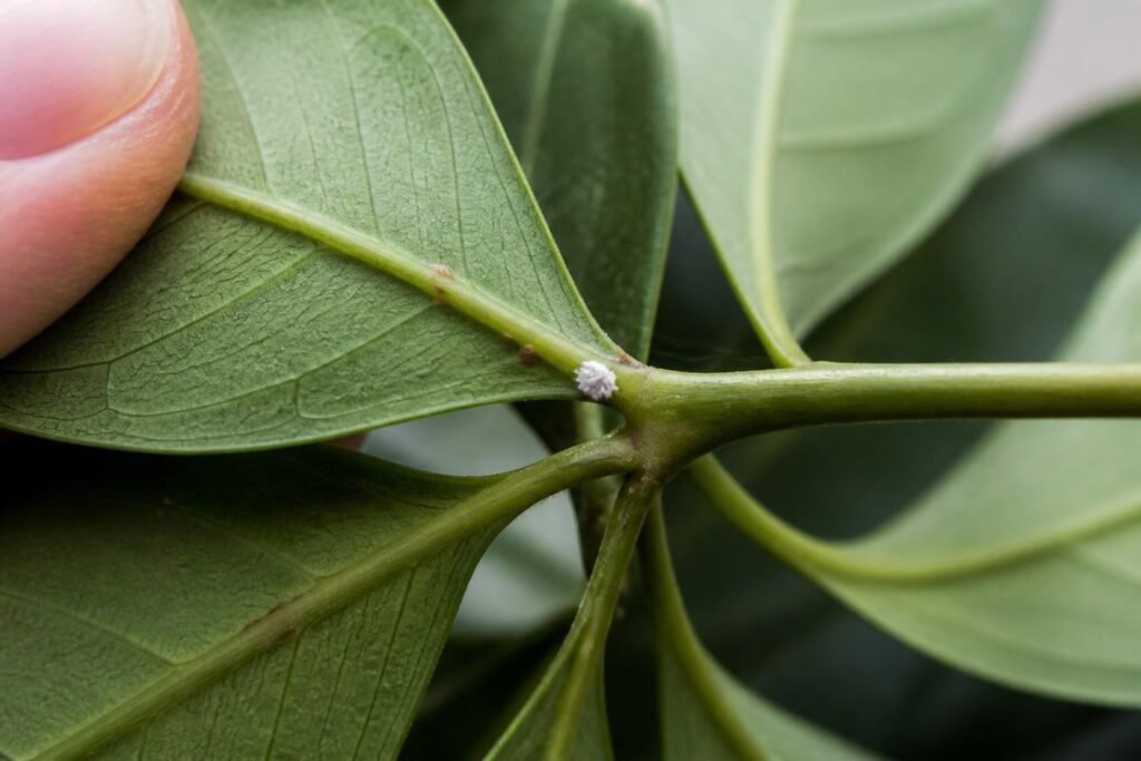 Underside of a schefflera leaflet with small brown scale bumps and a white mealybug tuft at the leaf joint