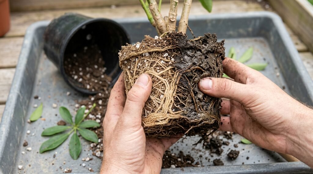 Hands holding a schefflera root ball out of its pot, with firm pale roots on one side and dark mushy rotted roots on the other