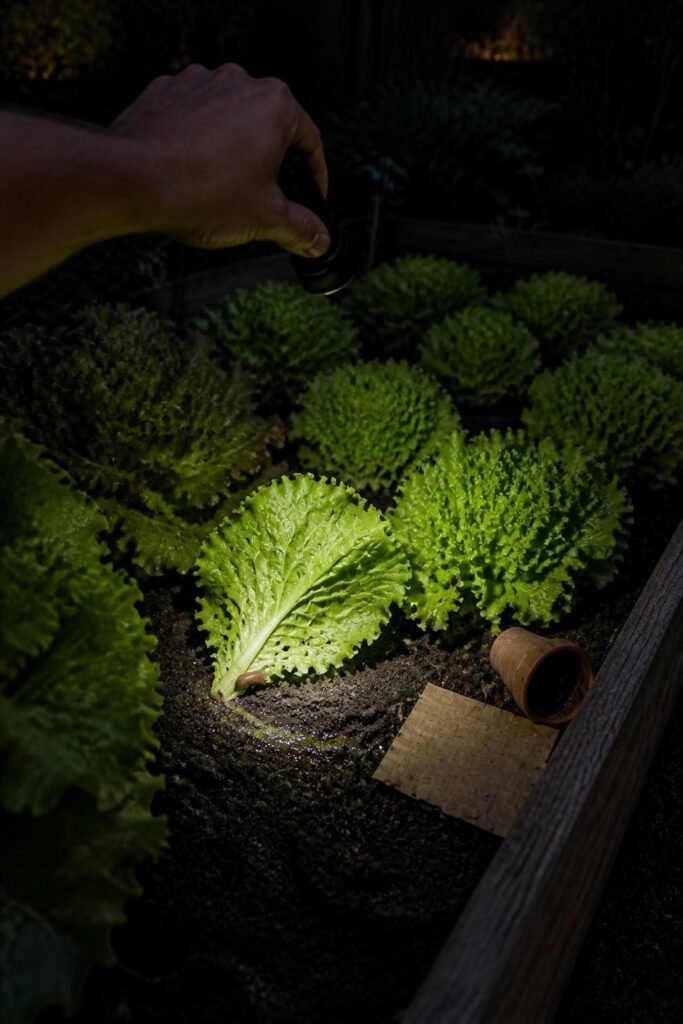Gardener checking lettuce leaves and the soil at the base of the plants with a flashlight after dark