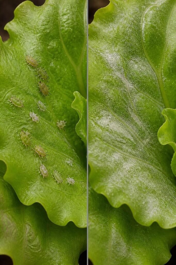 Side-by-side lettuce leaf details showing pale shed aphid skins on one and a smeared powdery mildew film on the other