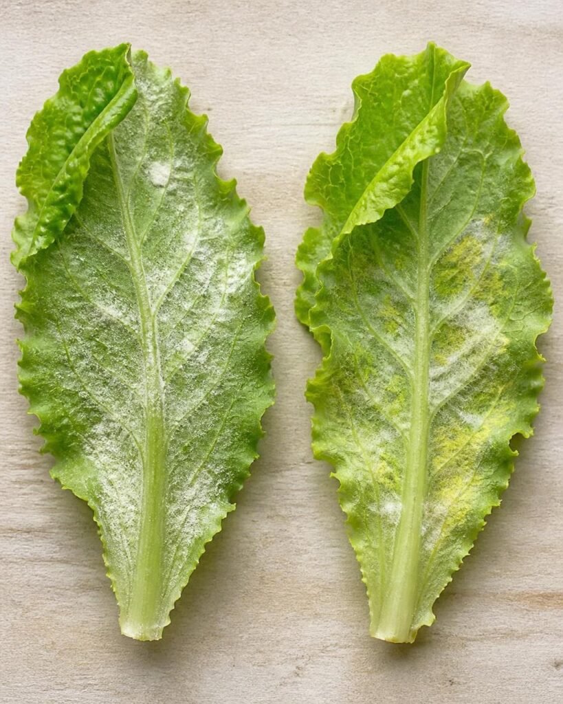 Two lettuce leaf undersides side by side, one with a dusty white mildew coating and one with fuzzy growth under a yellow patch