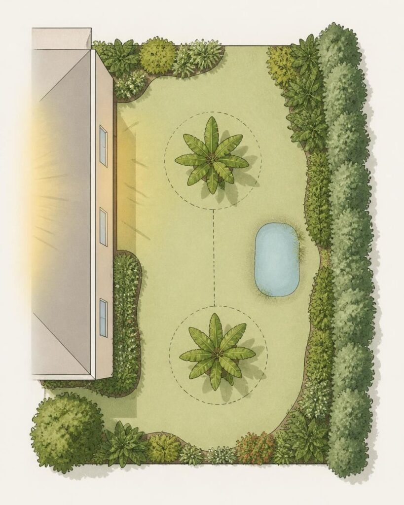 Overhead garden plan showing a banana planted on the warm, sheltered side of a house, away from windows and spaced from a second banana