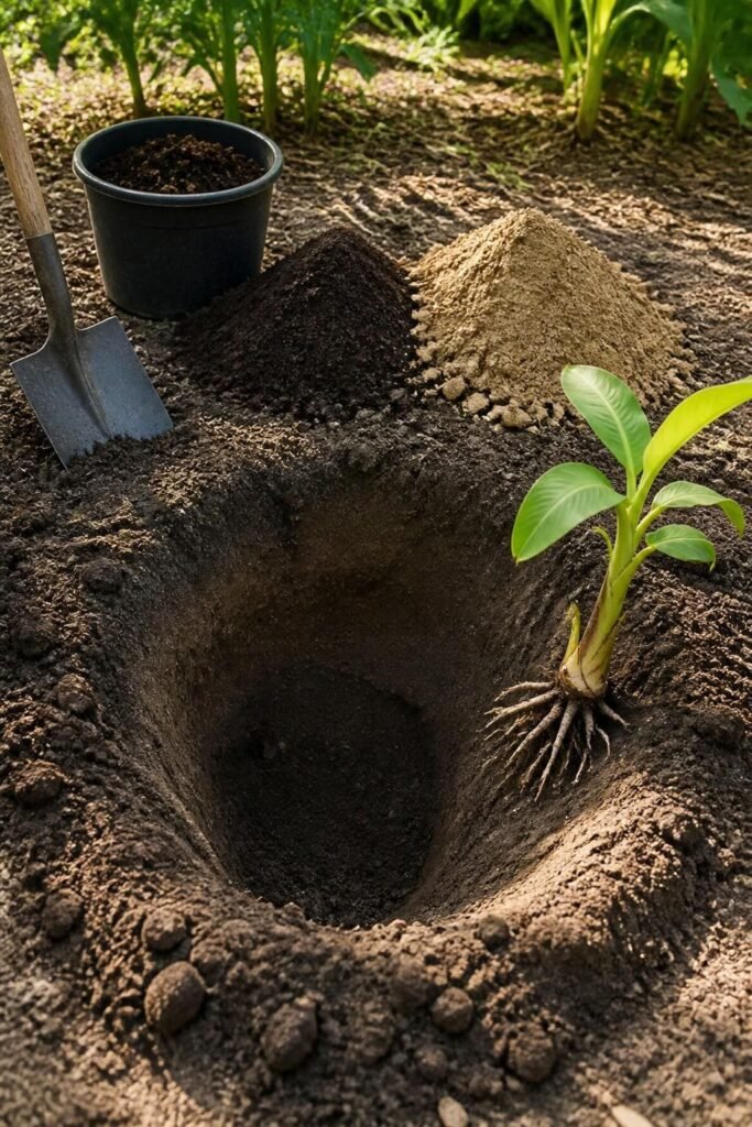 A wide banana planting hole amended with compost, ready for a young sucker
