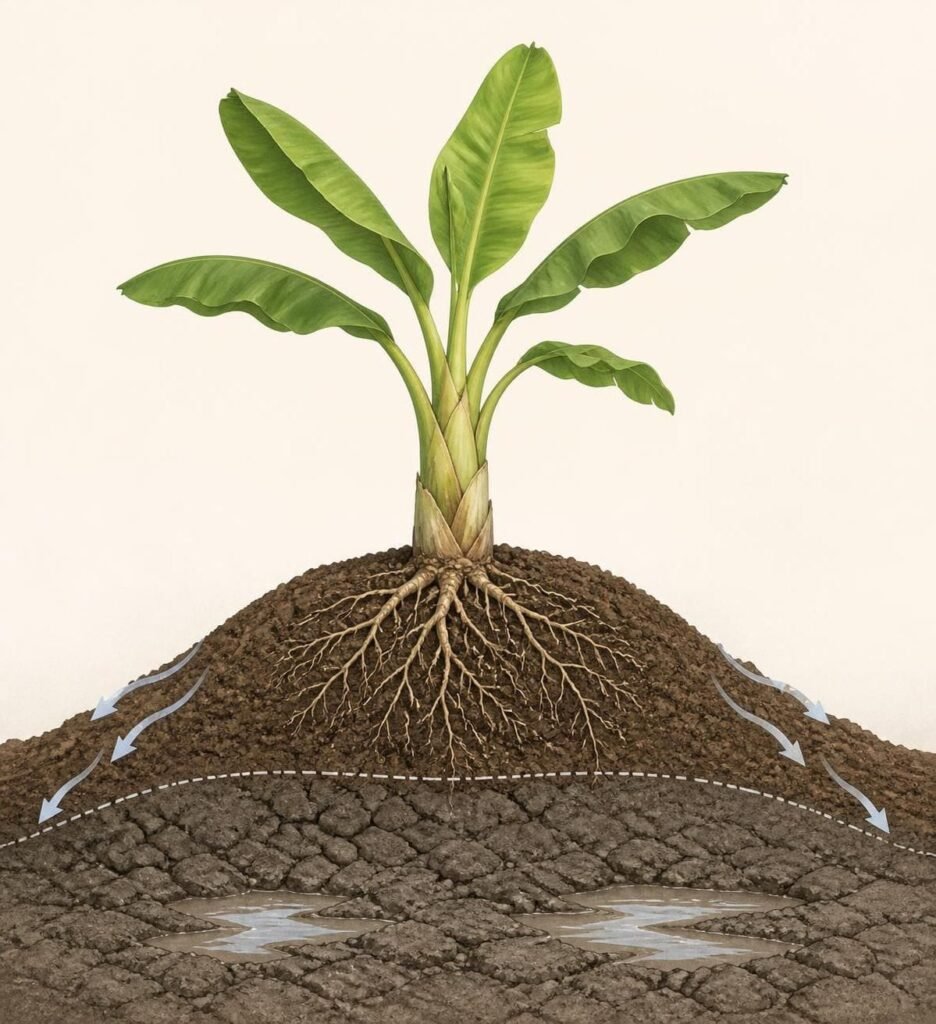 Diagram of a young banana plant set on a raised mound of native soil above heavy clay