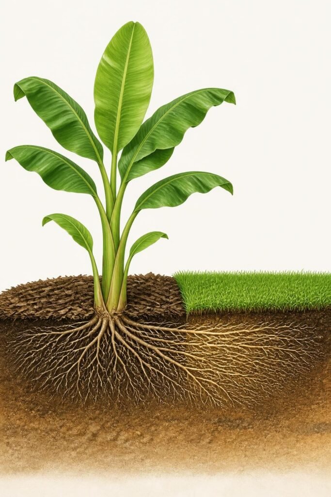 Cutaway diagram of a mature banana mat with roots spreading wide beneath the soil and reaching under a neighboring lawn edge