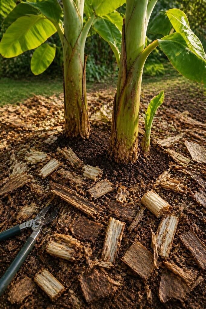 Dead banana leaves cut into sections and laid over bare soil around the base of a healthy clump, with chopped pieces of old pseudostem scattered nearby