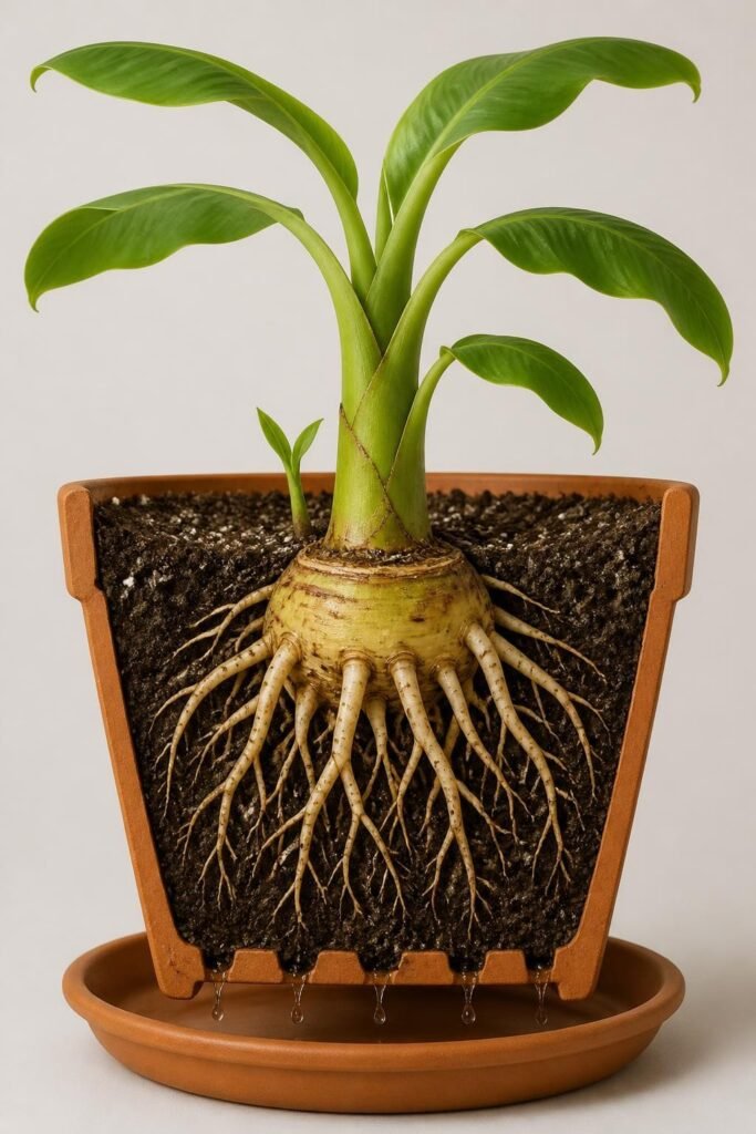 Cutaway diagram of a banana plant pot showing drainage holes, loose potting mix and the corm set at nursery depth