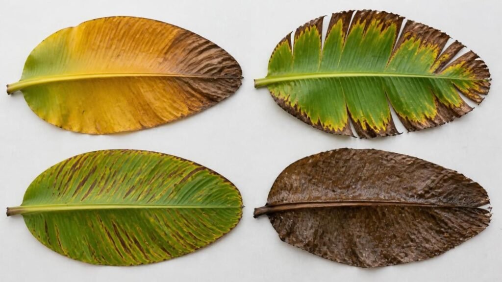 Four banana leaves side by side showing aged lower leaf browning, scorched margins, vein streaks and frost damage