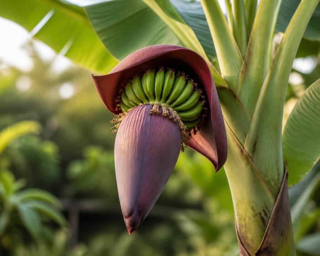 Banana flower bud emerging from the top of the pseudostem with the first hand of small green fruits exposed beneath a rolled-back bract