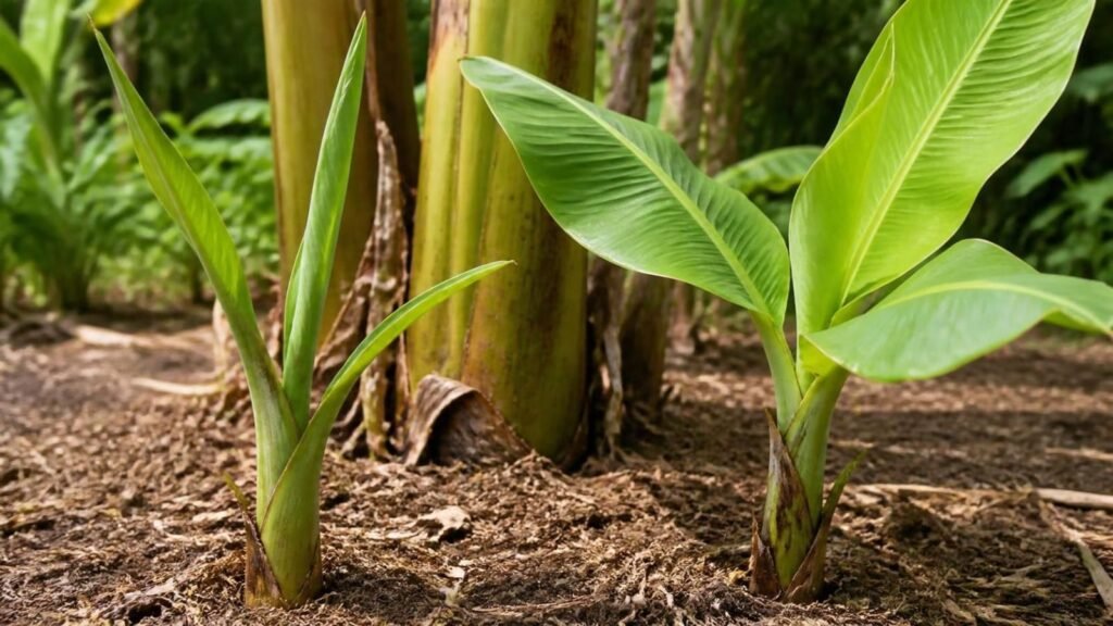 Two young banana suckers side by side, a narrow-leaved sword sucker on the left and a broad-leaved water sucker on the right