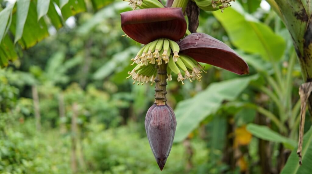 Banana flower stalk with a purple bract rolled back to show young hands of fruit above the hanging male bud
