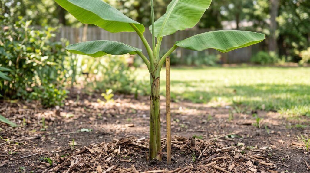 How to measure banana tree height: the pseudostem, the V where new leaves split, and the highest leaf tip