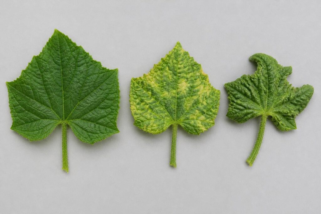 Three cucumber leaves side by side: one smooth and healthy, one mottled and crinkled, and one twisted with a fan-shaped outline