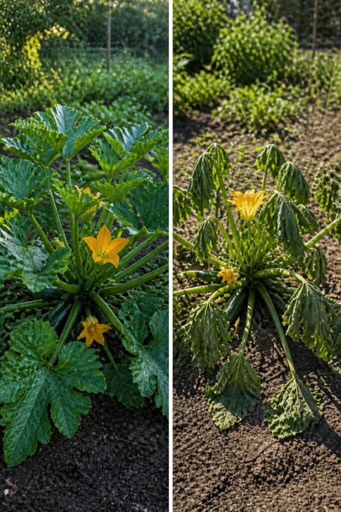 Two zucchini plants compared: one fresh and upright in cool morning light, the other with drooping leaves during a hot afternoon