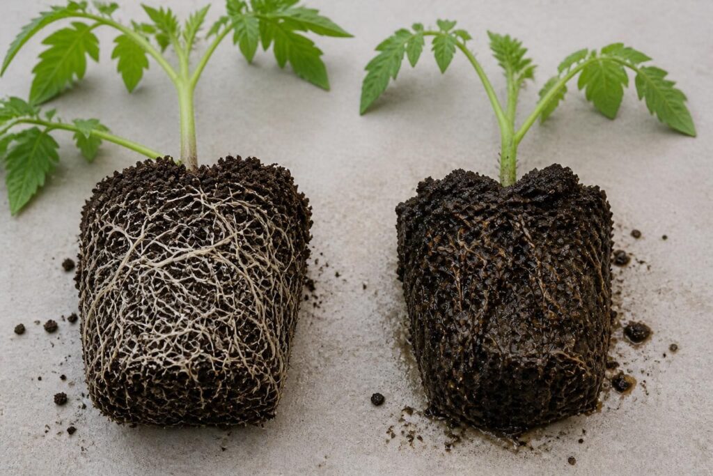 Two seedlings lifted from their cells, one with white firm healthy roots and one with brown mushy waterlogged roots