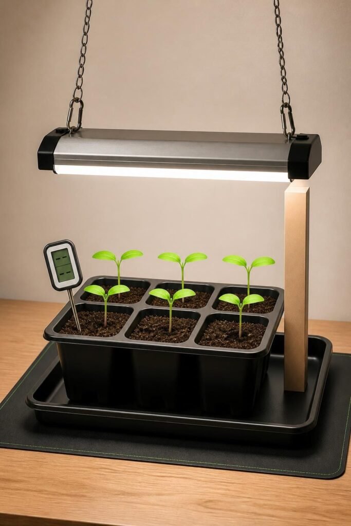 Seed-starting tray under a grow light with a ruler measuring lamp height and a probe thermometer in the mix