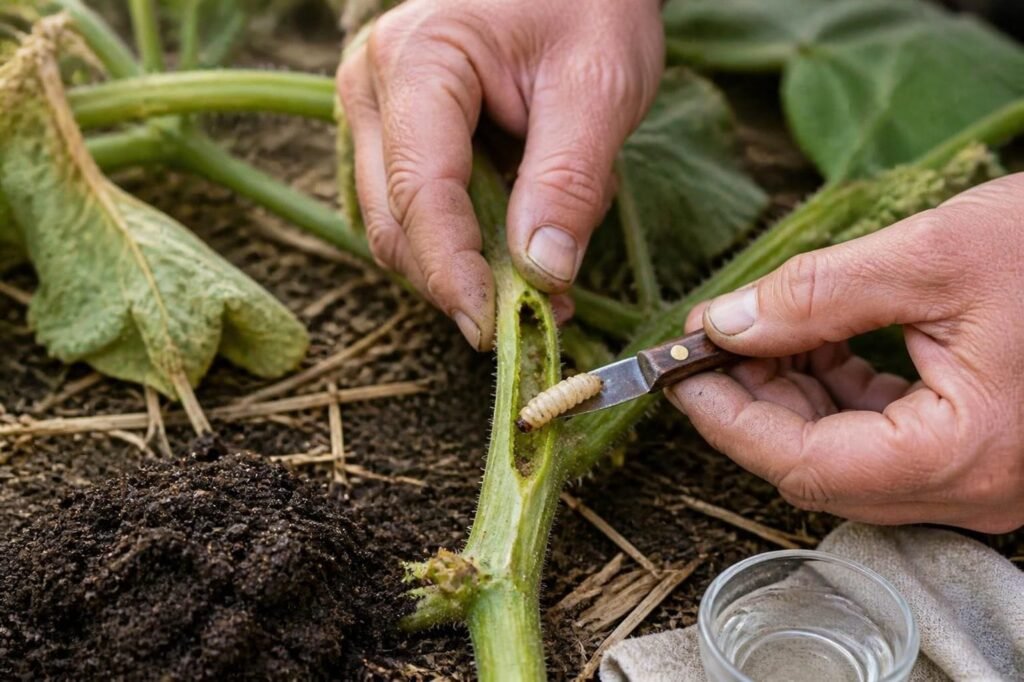Gardener's hands slitting a wilted squash vine lengthwise to lift out a pale borer larva with a brown head
