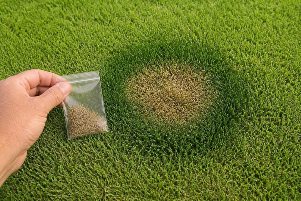 Hand holding a small clear bag of dead grass beside a round lawn spot with a brown center and dark green edge